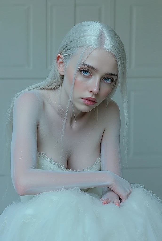 White bunny, ((handcuffed on the bed)), fluffy stuffed animals, ethereal, tear in her eyes, long white hair, short white dress, model, cute face, sweat on her body, 8k hyperrealist, (very detailed face), (selfie point of view), bunny outfit, unexposed,  hands with silver chains, held captive