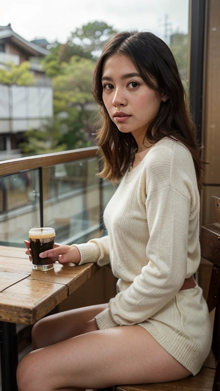 (((do not change her face))), ((RAW), a photo of a young girl, 25 years old, bun hair, top knot, black hair, winter, in a cozy place, sitting, coffee, winter clothes, (winter), indoor, a nice cafe, trousers