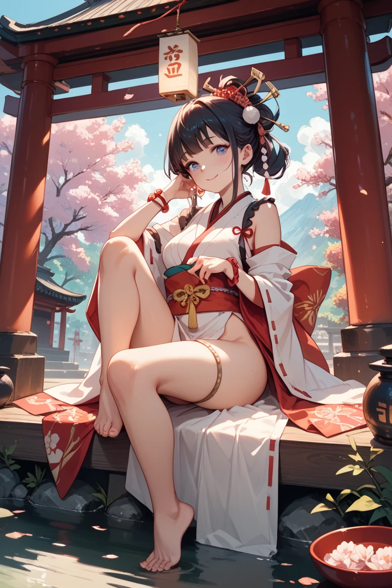 Realistic and highly detailed, Super detail, Super high resolution, Shoulder-length girl with short black hair sitting cross-legged on the wooden floor of the tea room，with a gentle smile on his face, Sandals white socks, And the kimono on her body with cherry blossoms floating outside the window 4k