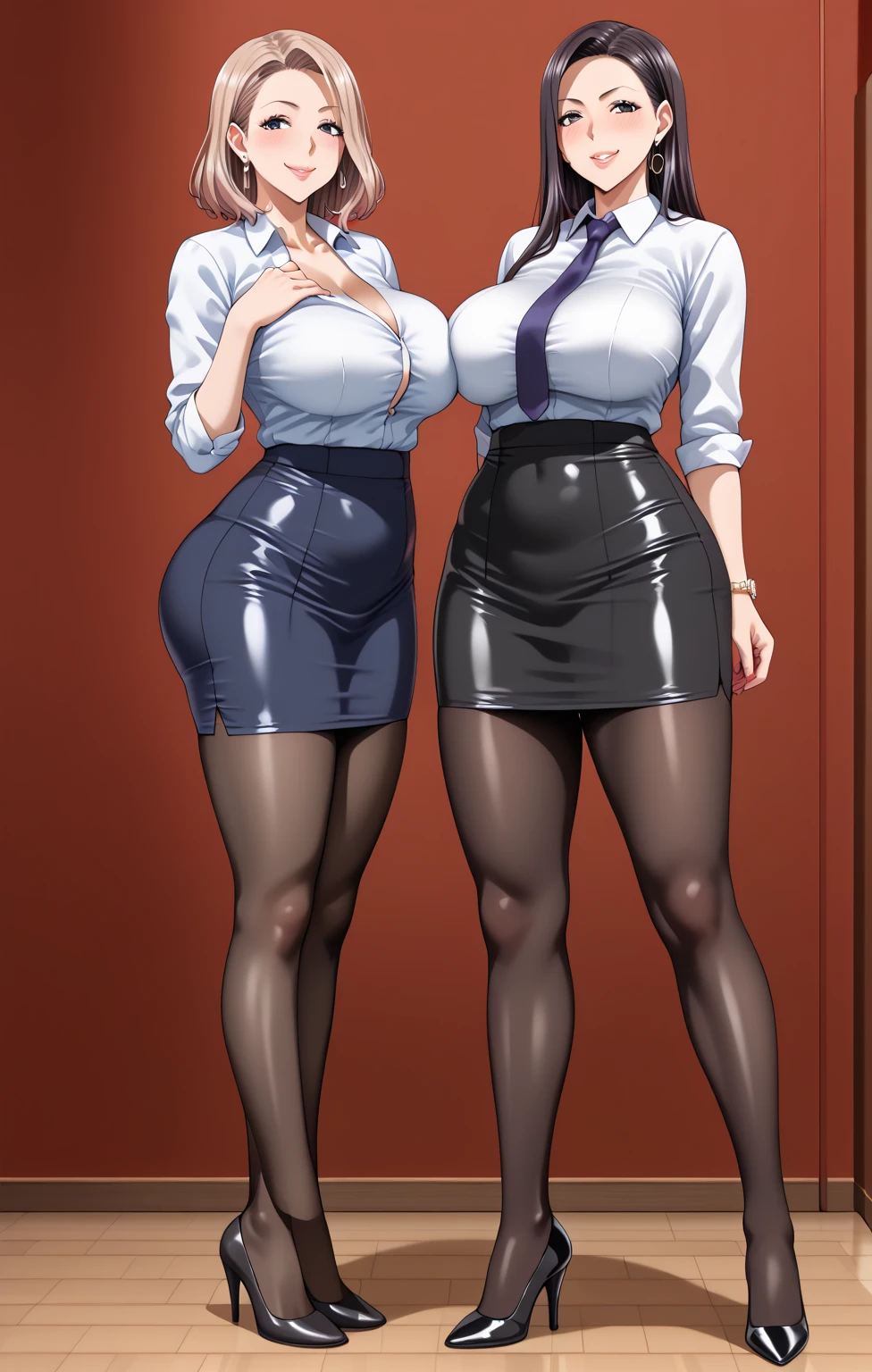 Solo highest quality, masterpiece, Very detailed CG, Highly detailed 8K wallpaper, indoor, classroom, masterpiece, highest quality, extreme details, Plump anime style, sharp focus, intricate details, 1 girl, huge breasts, High resolution, white school shirt, navy blue skirt, 8k, Tomboy, black hair, brown eyes, woman, Fair skin, sensual, short black hair, high high school girl, Are standing, hourglass illustration, cool face, short hair, sharp and cool face, calm expression, Fair skin, quite tall, full body shot, high school girl, white shirt, brown eyes, huge breasts 1.8,big butt,big waist,plump legs,plump calves, plus size, Erotic manga taste, mature woman, mature womanセーラー,