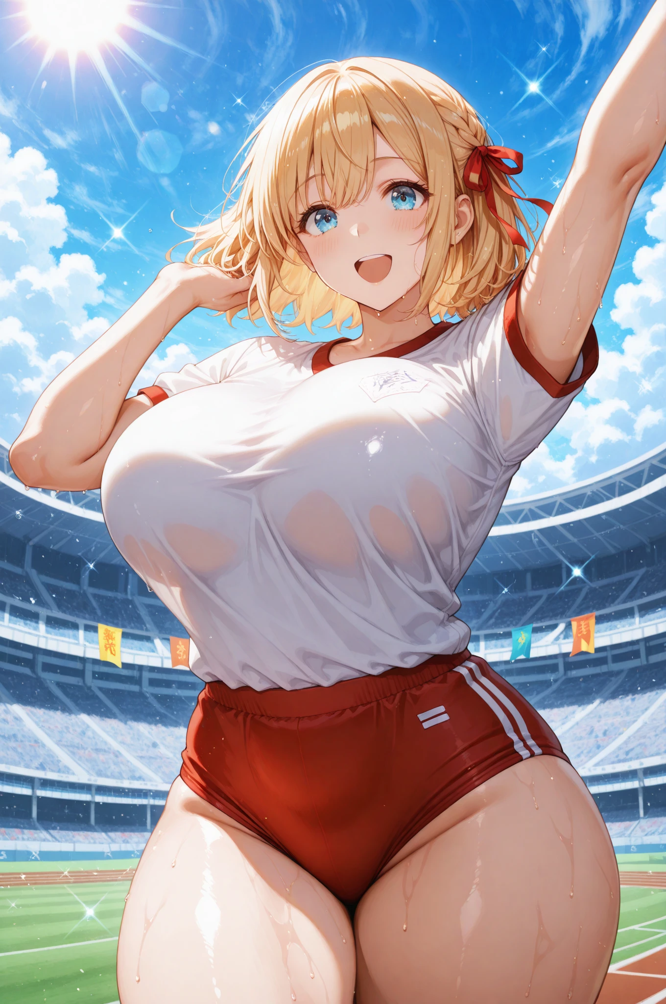(best quality:1.5, highres, UHD, 4K, detailed lighting, shaders, perfect anatomy), blonde ponytail, large breasts, cheerleader outfit, belly, armpits, hands up, (skirt lift, crotch, blushing:1.1), smiling, open mouth, sweaty:1.5, stadium background, sexy, erotic, lewd, seductive, (close shot, pov, from below view), shirt lift, underboobs