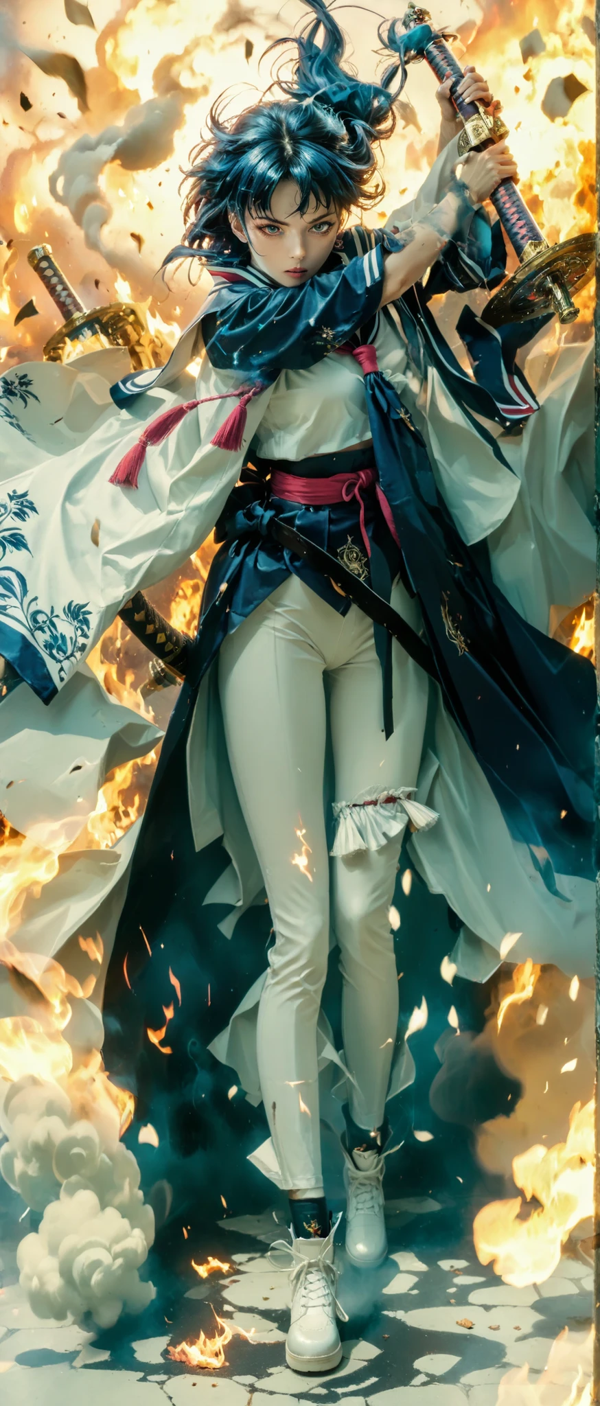 A black and pink high school girl wearing a sailor uniform、Anime girl with a sword, Burning, art style illustration, clean and detailed anime art, inspired by Kano Hogai, she has a sword, Samurai Sword Pulling Out a Sword, Flat anime style , Fate/Stay Night, beautiful anime art style, Anime Painter Studio, very accurate depiction of the human body,A depiction of the body of a medically loyal person