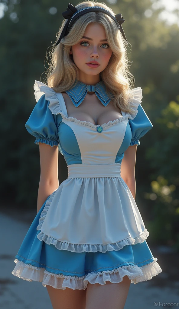 masterpiece, 1girl, solo, make her a sexy Alice in Wonderland with blonde hair, powder blue dress with white apron, white stockings, cleavage, dynamic, ultra high def, 32k, (perfect anatomy:1.5), perfect legs, in the style of Artgerm and Adam Hughes, perfect arms, downblouse