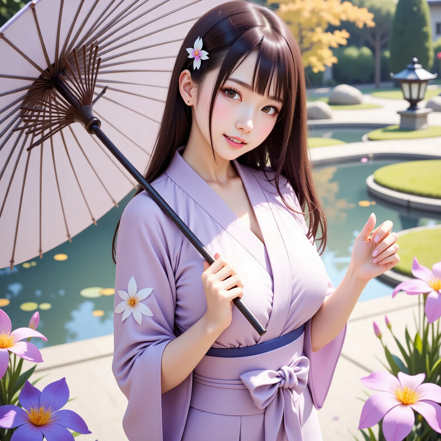 The upper part of the body、女の子1人、A dark-haired、Bun hair、mansion、Purple Eye、Gorgeous kimono、off shoulders、Very large breasts、Chest、Holding a parasol、Japan anime-style odd-eye, rain falling