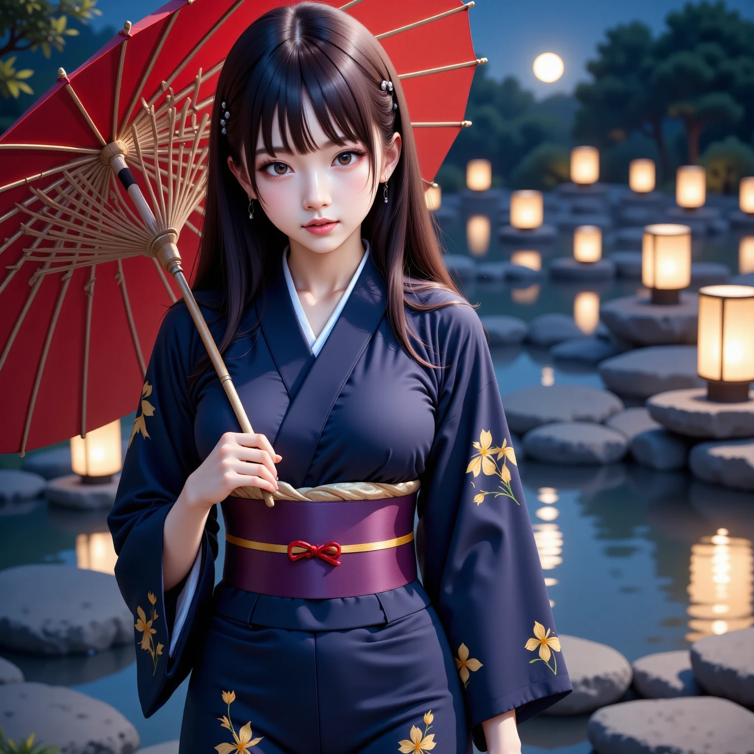 1lady,solo,black hair,short hair,kimono,look up at the moon,the fullmoon,night,fantasy,ephemeral,cherry blossom blizzard