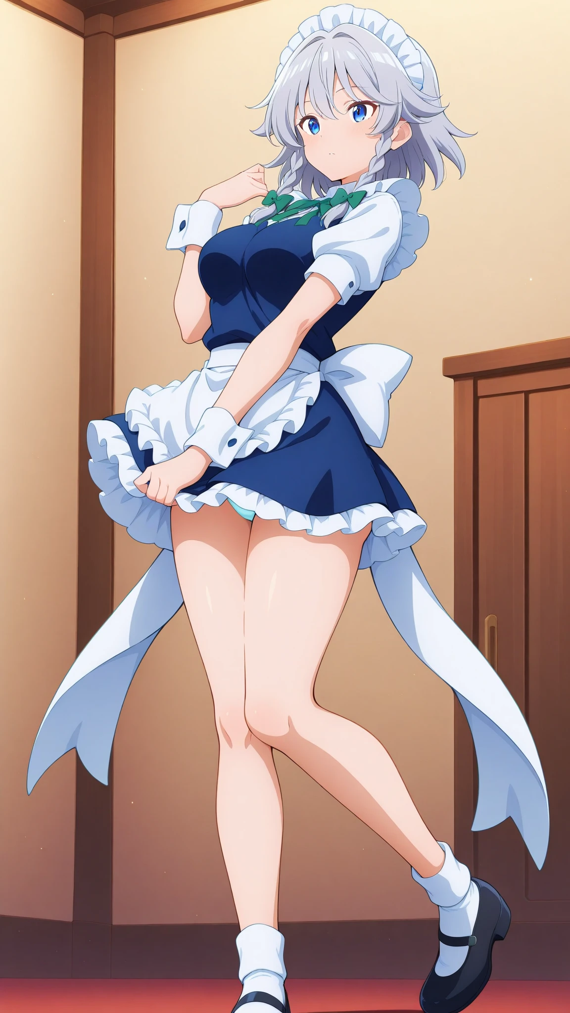 Masterpiece, 1woman, medium hair, black hair, blue eyes, perfect face, perfect body, medium , {perfect fingers}, smile, ((sexy white maid leotard)), {transparent, see-through}, white gloves, black heel shoes, village road, day, standing, full body