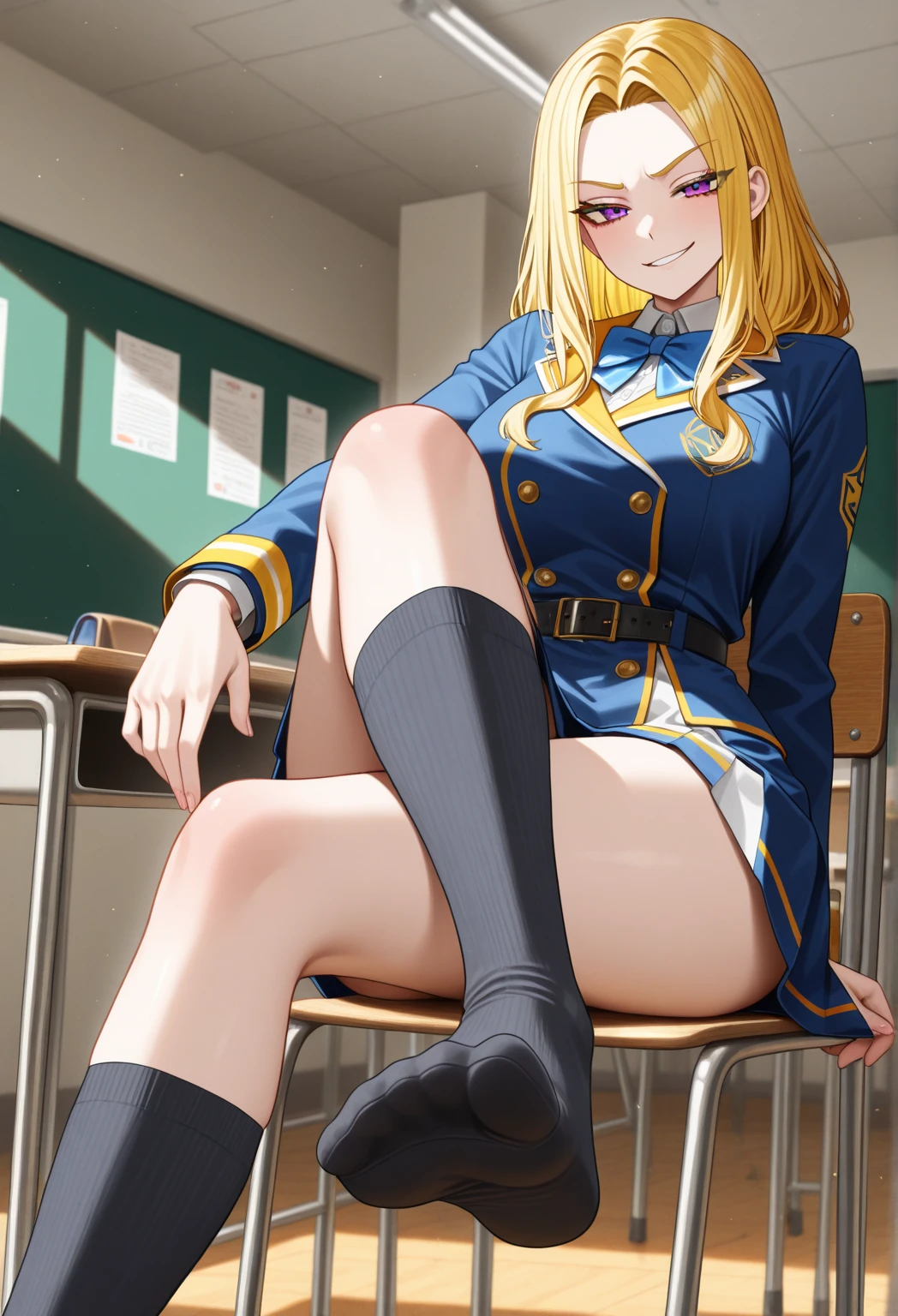 norn,uniform,skirt,Magic School,Eyes are hearts,Long Hair,bag,Cute pose,anime,1girls,solo,classroom,Magic wand,Panty shot