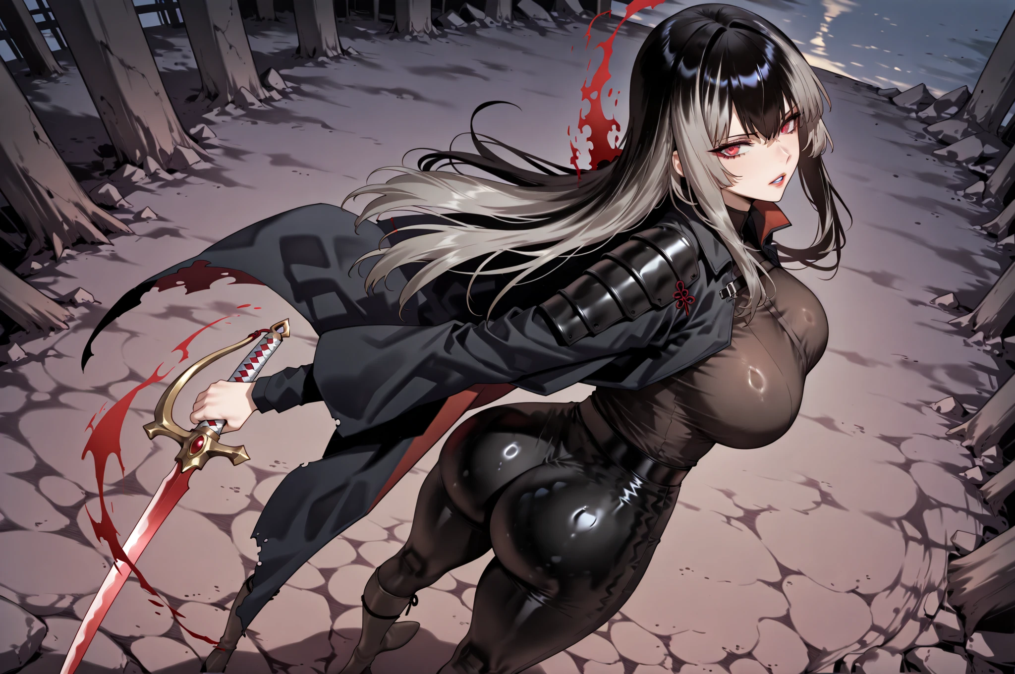 taken from above、caveの中、、Ruins、Attach a、black suit、Attach a、sword、Japanese sword、wears a black suit、black longsuit、put on a long black jacket、ゴスロリなshirt、Depressed、Tall Woman、A woman in her thirties、 Alassah's woman、Steins;Gate、 black longsuit 、score_9, score_8_up, score_7_up, Source_anime,masterpiece、No expression、no makeup、top quality,beautifully detailed eyes in a logistics warehouse, Exquisite Eyes、A sophisticated eye、highly detailed eyes and faces on the back,unmotivated expression、lethargic face、 long breasts, Female 1, Black Jacketを羽織る、Black Jacket、shirt, big saggy breasts, shockingly big breasts, big breasts,big boobs、boobs 、Zitoida, makeup、no makeup、long hair、smooth straight hair、black slacks、tall woman outdoors at the seaside、Tall Woman、plump thighs, parted lips、 shining eyes,(Fire Aura Onkown),dungeon内、Crimson Eyes、long hair、dark haired、黒い髪、long straight hair、dungeon、cave、Ruins、solo、swordを持っている、soloプレイヤー、red aura、 Crimson Aura 、zone、sword、大sword、Japanese sword、Sword、ゴツいsword、厳ついsword、Buster Sword、大Sword、shot from behind、back、angle from behind、Wide ass、beautiful butt、stick your butt to the focus of your butt、long boots、Shoulder Armor、look back、backwards、Fearless Laugh、strong、Is confident、black tights、black tights、suit pants、black cloak、黒いlong pants、Black Skinny、long pants