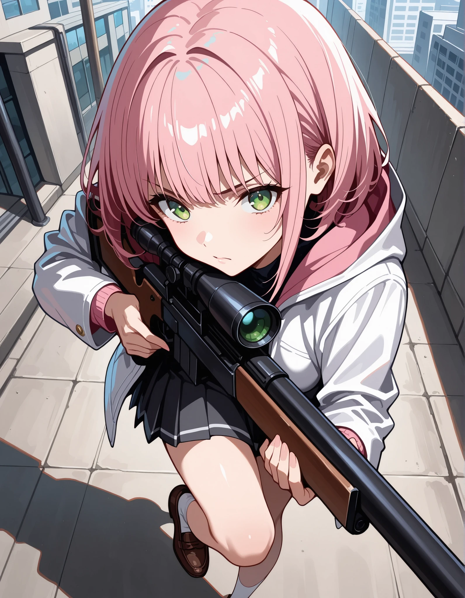 score_9,score_8_up,score_7_up, 1girl, 17 years old, beautiful woman, beautiful face
BREAK
A girl with a serious expression has (short, pink-bobbed hair: 1.4), green eyes, and is wearing a light jacket over a dark top. She is dressed in a dark grey pleated miniskirt, ankle-high white socks, and brown loafers. With minimal accessories, she stands in a pose, aiming a scoped sniper rifle and maintaining a focused gaze. Her smooth skin contrasts with the urban rooftop background filled with buildings. The scene is set during the daytime, with shadows cast to her left, creating a tense atmosphere. The front view angle provides a sharp focus with a noticeable depth of field, and the lighting is well-exposed, ensuring that no motion blur is present.,