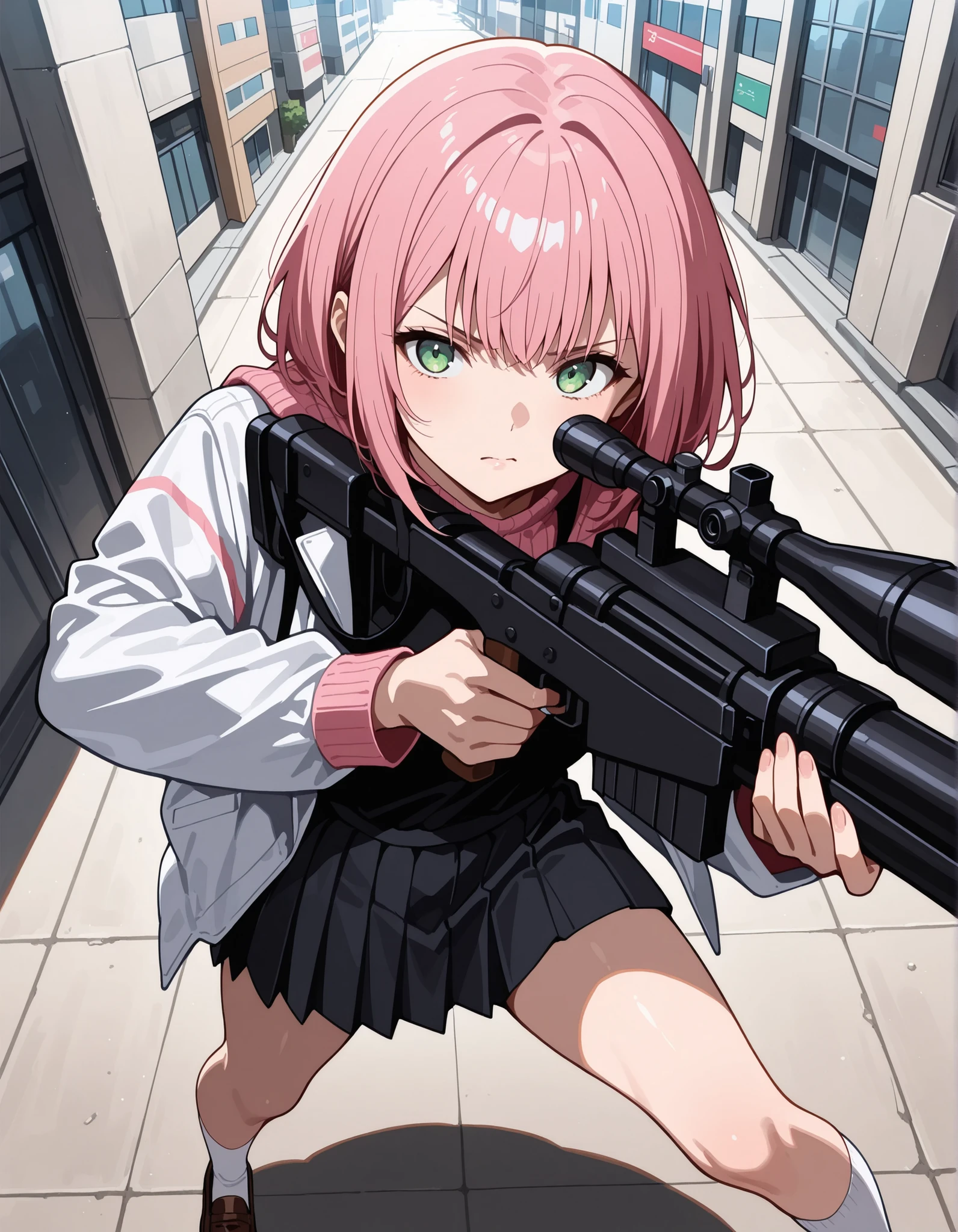 score_9,score_8_up,score_7_up, 1girl, 17 years old, beautiful woman, beautiful face
BREAK
A girl with a serious expression has (short, pink-bobbed hair: 1.4), green eyes, and is wearing a light jacket over a dark top. She is dressed in a dark grey pleated miniskirt, ankle-high white socks, and brown loafers. With minimal accessories, she stands in a pose, aiming a scoped sniper rifle and maintaining a focused gaze. Her smooth skin contrasts with the urban rooftop background filled with buildings. The scene is set during the daytime, with shadows cast to her left, creating a tense atmosphere. The front view angle provides a sharp focus with a noticeable depth of field, and the lighting is well-exposed, ensuring that no motion blur is present.,