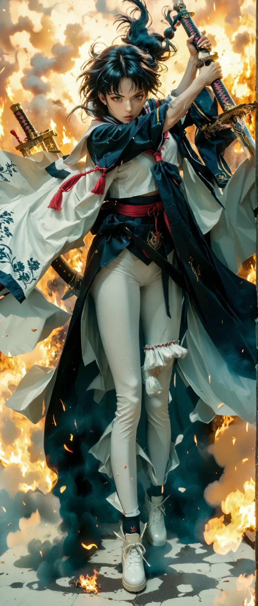 A black and pink high school girl wearing a sailor uniform、Anime girl with a sword, Burning, art style illustration, clean and detailed anime art, inspired by Kano Hogai, she has a sword, Samurai Sword Pulling Out a Sword, Flat anime style , Fate/Stay Night, beautiful anime art style, Anime Painter Studio, very accurate depiction of the human body,A depiction of the body of a medically loyal person