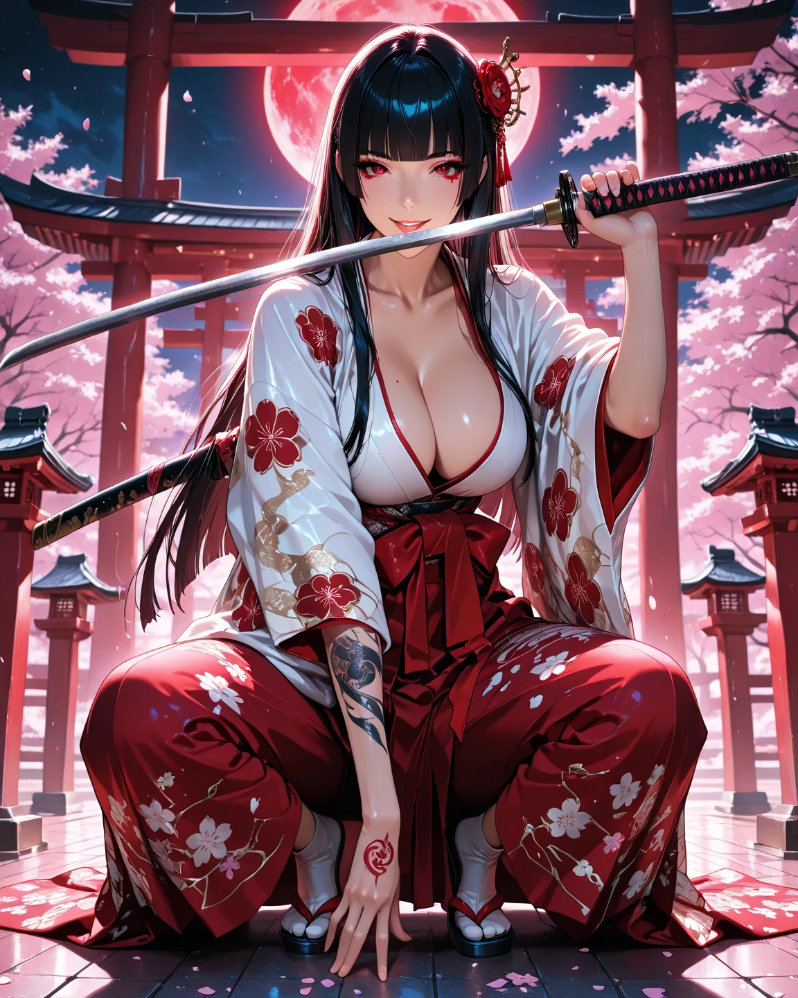 one arafed woman with purple hair and green eyes, japanese tattoo sleeve on her right arm, samurai armor, sfw, japanese temple