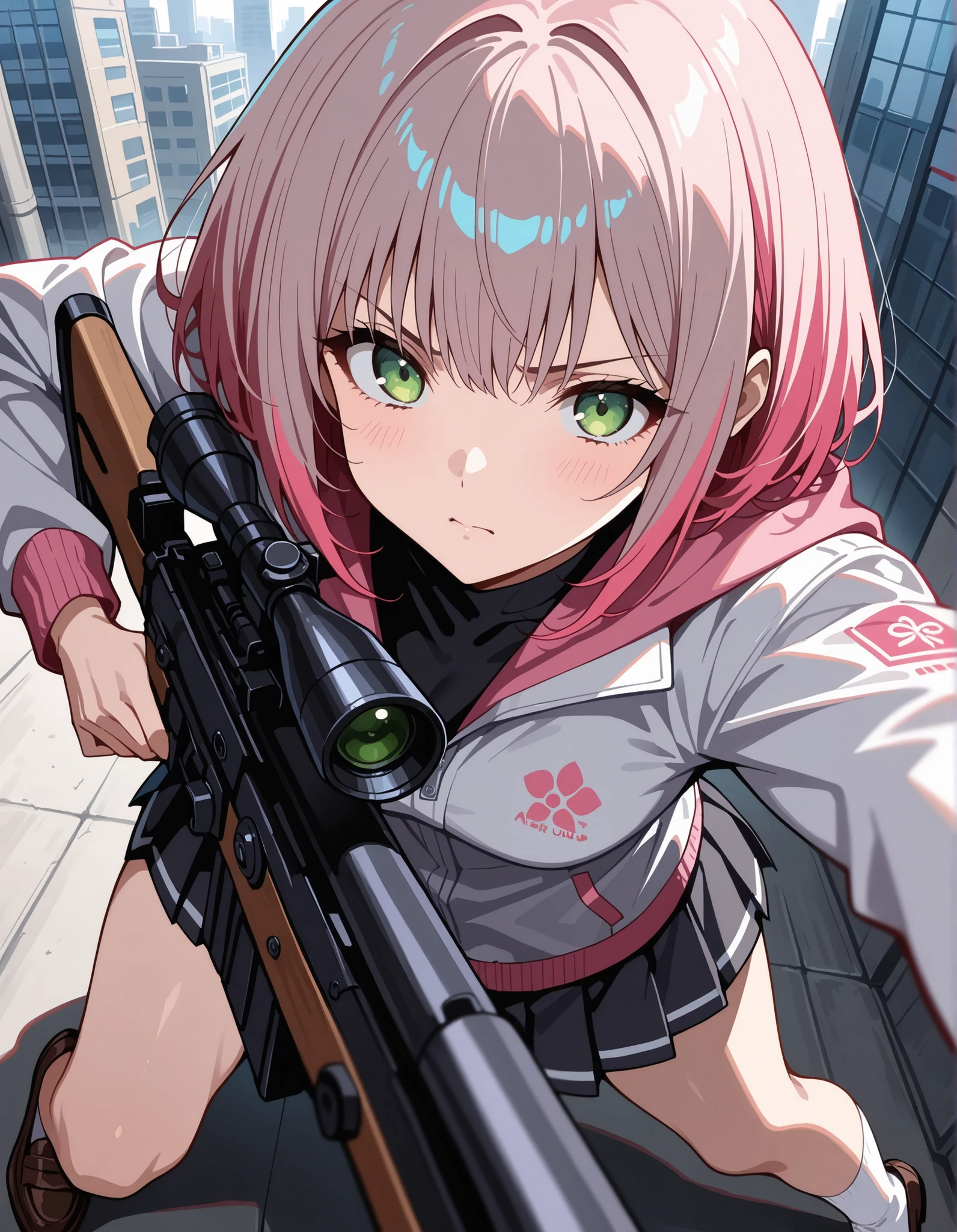 score_9,score_8_up,score_7_up, 1girl, 17 years old, beautiful woman, beautiful face
BREAK
A girl with a serious expression has (short, pink-bobbed hair: 1.4), green eyes, and is wearing a light jacket over a dark top. She is dressed in a dark grey pleated miniskirt, ankle-high white socks, and brown loafers. With minimal accessories, she stands in a pose, aiming a scoped sniper rifle and maintaining a focused gaze. Her smooth skin contrasts with the urban rooftop background filled with buildings. The scene is set during the daytime, with shadows cast to her left, creating a tense atmosphere. The front view angle provides a sharp focus with a noticeable depth of field, and the lighting is well-exposed, ensuring that no motion blur is present.,