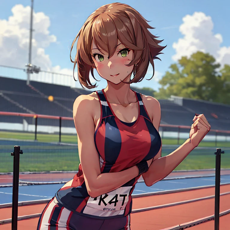 masterpiece, high quality, best quality, official art, perfect anatomy, anime, anime screen capture,
perfect head, perfect face, perfect eyes, perfect body, perfect limb, perfect arms, perfect hands, (perfect fingers:1.05), perfect legs, perfect human structure, perfect head structure, perfect face structure, perfect eye structure, perfect body structure, perfect limb structure, perfect arm structure, perfect hand structure, (perfect finger structure:1.05), perfect leg structure, clear face expression, clear eye expression, clear body expression, clear limb expression, clear arm expression, clear hand expression, (clear finger expression:1.05), clear leg expression,
(solo:1.5), (one girl:1.5),
(slim:1.75), (skinny:1.75), (glamorous:1.1), (lanky:1.2), (taller:1.05), (seven life size:1.35), (teen:1.5),
(cowboy shot:1.2), (from below:1.2),
(smile:1.25), (blush:1.25),
(red hair:1.5), (purple hair:1.5),
short hair, Ahoge,
(purple eyes:1.5), (blue eyes:1.5),
(large breasts:1.35), (big naturals:1.35),
cameltoe, show off panty,
(red military uniform:1.5),
(pink skirt:1.5), (blue panty:1.5), (white belt:1.5),
(black thighhighs:1.5),
(kneeling:1.5),
(salute with right hand:1.75), (left arm down:1.5),
(spread legs:1.5),
(outsides:1.5), (clear sky:1.5),
(Arena:1.5), (running track:1.5),
lunamaria hawke,