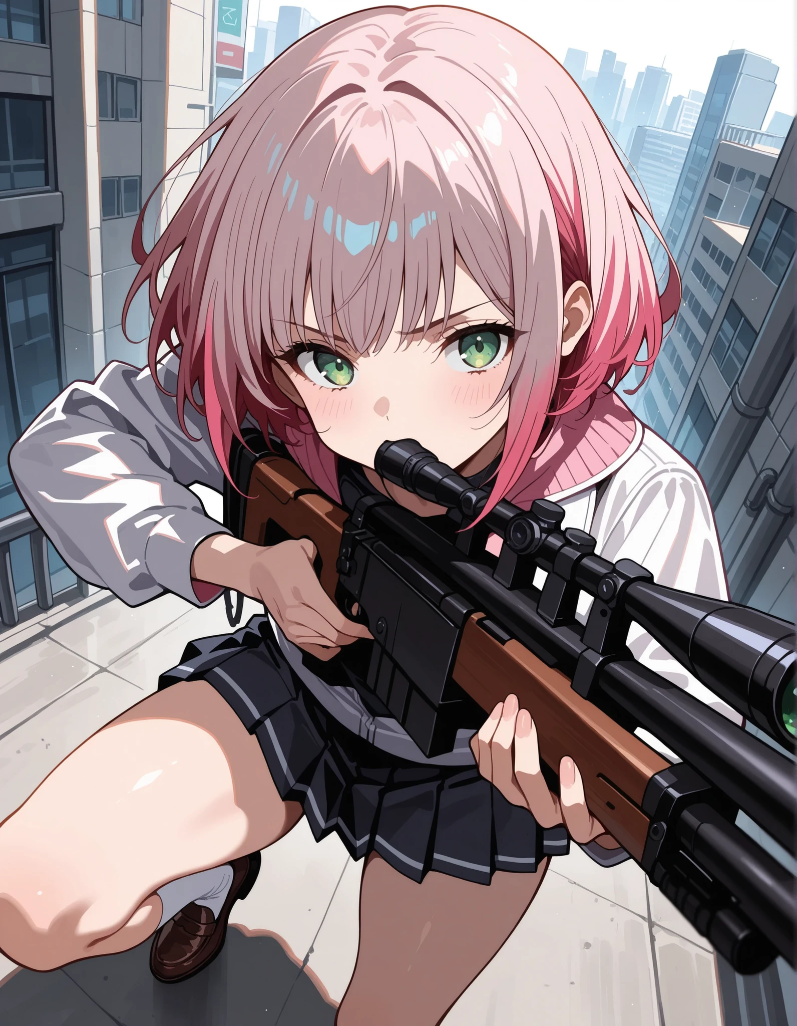 score_9,score_8_up,score_7_up, 1girl, 17 years old, beautiful woman, beautiful face
BREAK
A girl with a serious expression has (short, pink-bobbed hair: 1.4), green eyes, and is wearing a light jacket over a dark top. She is dressed in a dark grey pleated miniskirt, ankle-high white socks, and brown loafers. With minimal accessories, she stands in a pose, aiming a scoped sniper rifle and maintaining a focused gaze. Her smooth skin contrasts with the urban rooftop background filled with buildings. The scene is set during the daytime, with shadows cast to her left, creating a tense atmosphere. The front view angle provides a sharp focus with a noticeable depth of field, and the lighting is well-exposed, ensuring that no motion blur is present.,