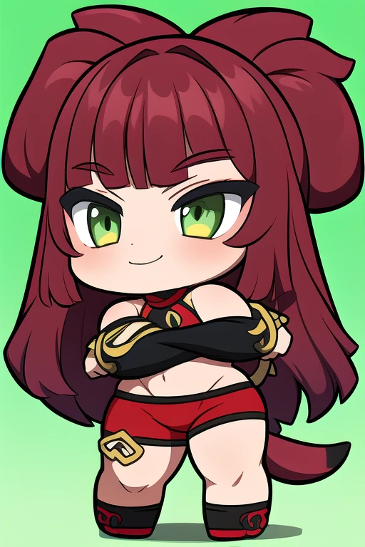cute,adorable,kawaii,chibi, (masterpiece, best_quality, ultra-detailed, immaculate:1.3), epic, illustration, rough digital painting, (full body:1.2), 1girl, cleavage, solo, [:epic costume design,:0.2] engineer, , (african, dark skin:0.6), bombshell glowing red-orange hair with forest green highlights, Half Up Fishtail Braid, (chubby:1) build, simple background, jrpg character concept art, on a mad scientist's, imaginary stage, bombshell hair, deep gold hair, side braid, top-down bottom-up<lyco:EnvyCuteMix12:1>
