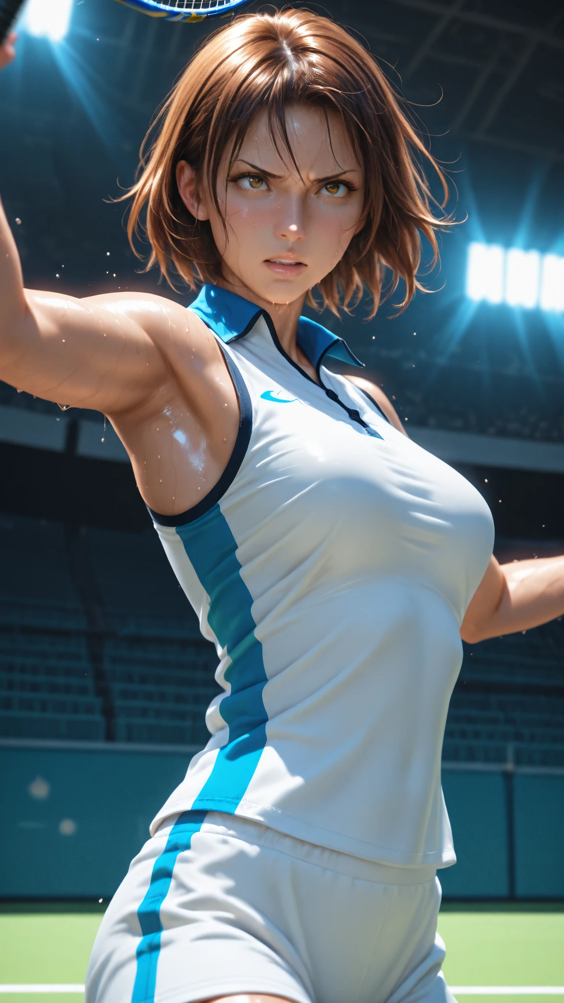 photo of mlp Meowko, RAW, beautiful woman, ((portrait)), ((detailed face:1.2)), ((anime face, anime facial feature, clear skin, glossy anime lips, clear skin), (short messy lesbian haircut, brunette: 1.55),  (perfect proportioned body, Strong, muscular, narrow waist, narrow hips, skinny, large breasts), (she is wearing a track and field top, sports competition with uniform, shirt has a number, tight sports bikini bottoms), (action shot, jumping over sandpit. Long jump, leaping through the air, Olympic jump), (realistic photo, best quality, detailed), (8k wallpaper), (cinematic lighting, beautiful light, (noon:1.3)) (sharp focus, intricate)