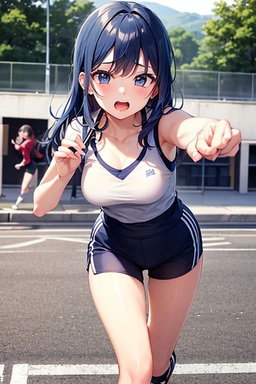 Cool girl, belly button exposed, thin legs, calf-length socks, boots, gets slammed to the ground by an enemy attack, closes her eyes and screams, is sweating