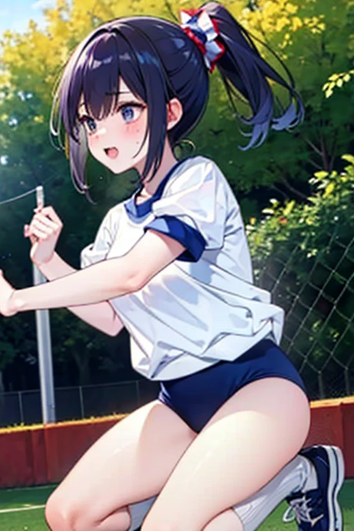 a very nice anime picture of a woman with underwear on and very sexy, watanabe you, buruma, ass, gym uniform, blue eyes, solo, censored, blue buruma, shirt, penis, outdoors, smile, white shirt, poolside, pool, open mouth, gym shirt, looking at viewer, short hair, salute