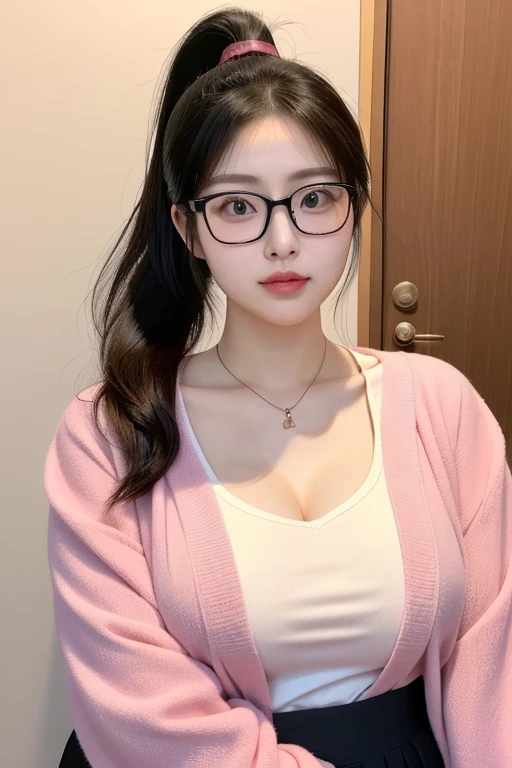 15-year-old girl with a pure face, big breasts, super big breasts, obesity, fair skin, erotic pajamas, transparent gauze, lace lace, glasses, milk running from the corners of her mouth