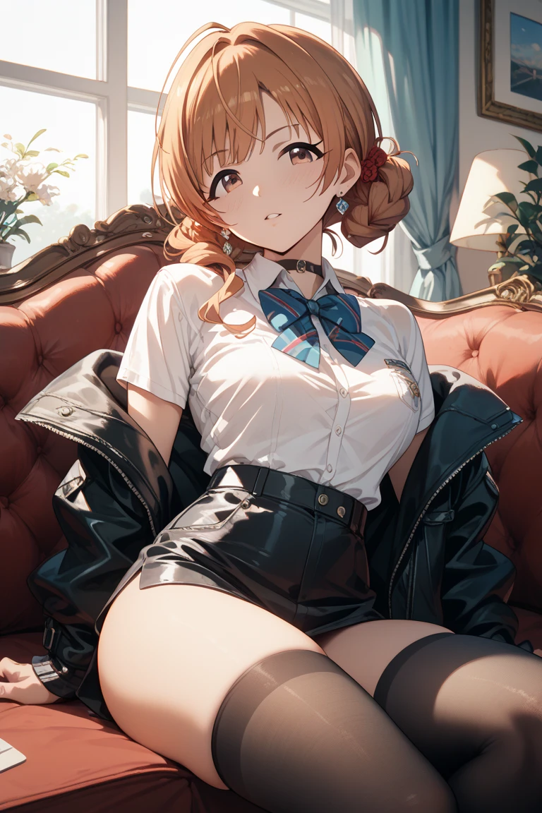 highest quality, table top, beautiful mature women、beautiful face、Faint-hearted woman、office suit、tight mini skirt、brown haired、brown eyes、long hair、small eyes、visible all over、white panties、Panty shot