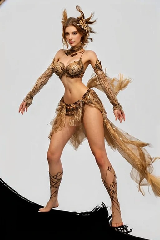 High resolution full body length view picture portrait of a ultra beautiful young woman modeled after Lily-Rose Melody Depp, with a beautiful face, as a cavewoman displayed as animal exhibit in a naturalistic display in a museum, under soft lighting in the style of Bruce Pennington, Frank Frazetta, and Parrell Sweet