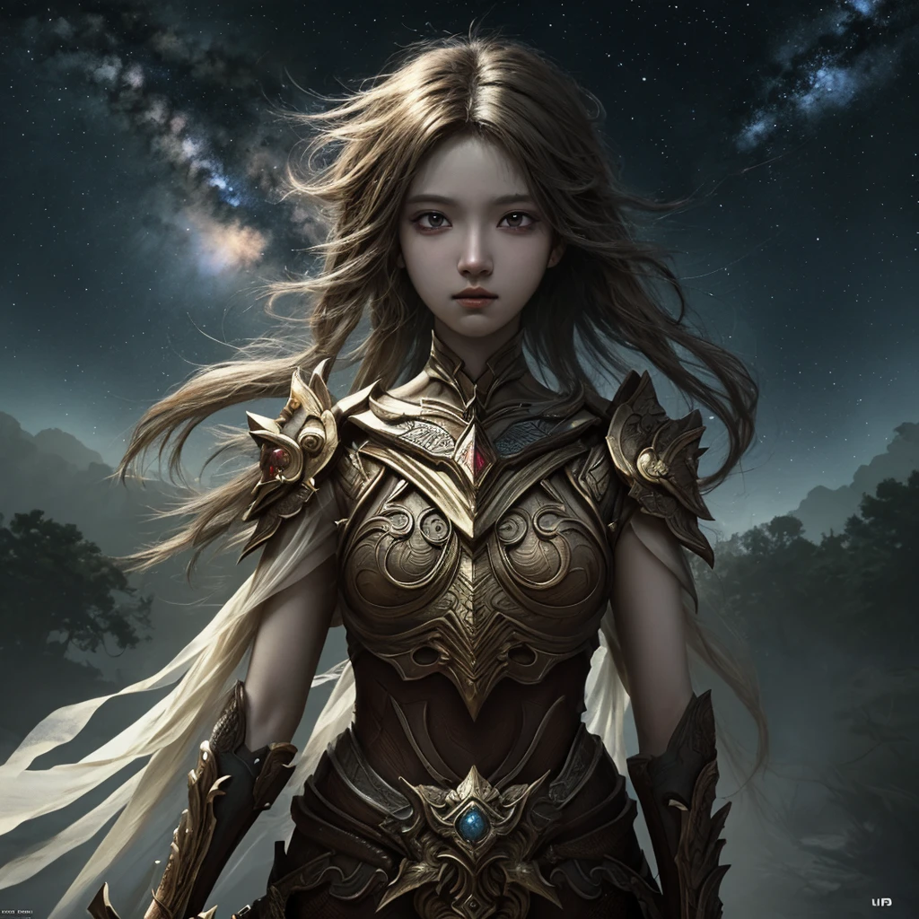 greek temple，teens girl，Large ，Heavy armor，dynamicposes，dramatics，A high resolution，photorealestic，best qualityer，Starcloud，galactic，magia，half-body shots