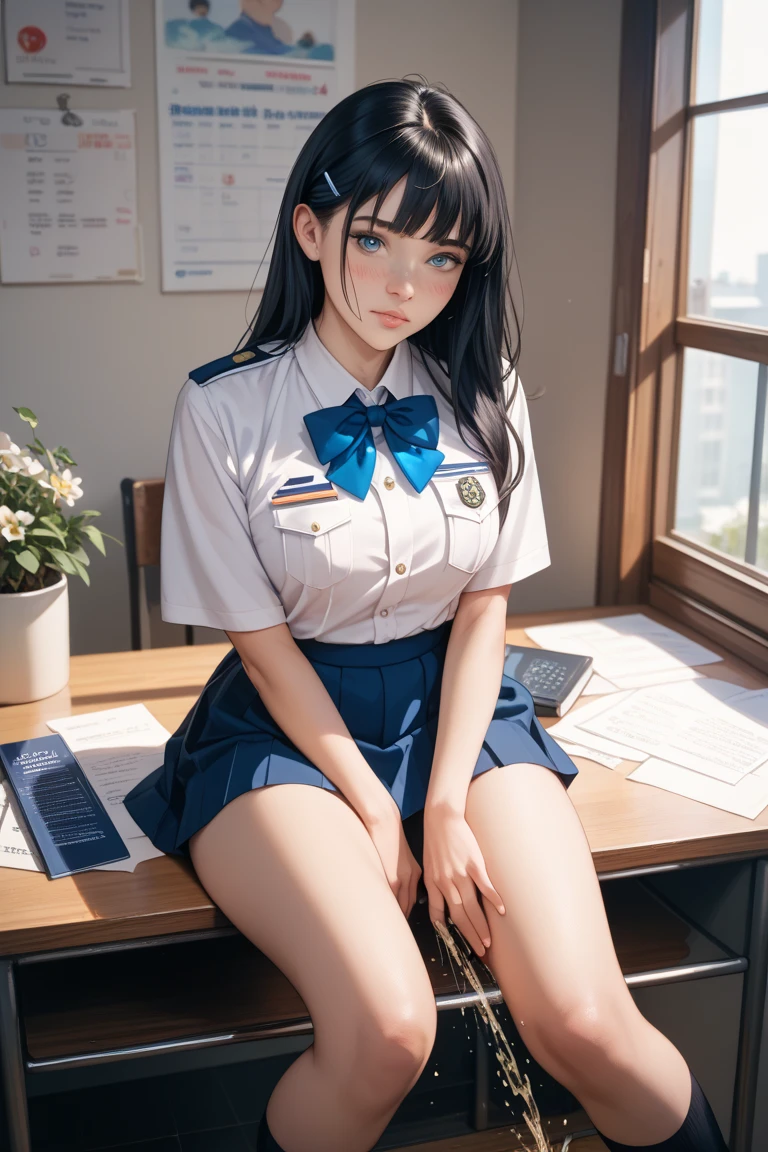 A girl in a private university uniform, with black hair and brown eyes, wearing a blue blazer with buttons, a tie, and a tight skirt followed by knee socks. She has long hair in twintails, hair rings, and is looking at the viewer in an expressive, seductive manner, with her left leg on a chair as she examines her stocking in a plein-air setting.

(best quality, hyper realistic, mh-yk, 1 girl, alone, black hair, brown eyes, long hair, wearing private university uniform, blue blazer style with buttons, tie and tight skirt followed by knee socks, twintails, hair rings, looking at viewer, ??????? club scene, expressive scene, with left leg on a chair, examining her stocking, quite seductive)