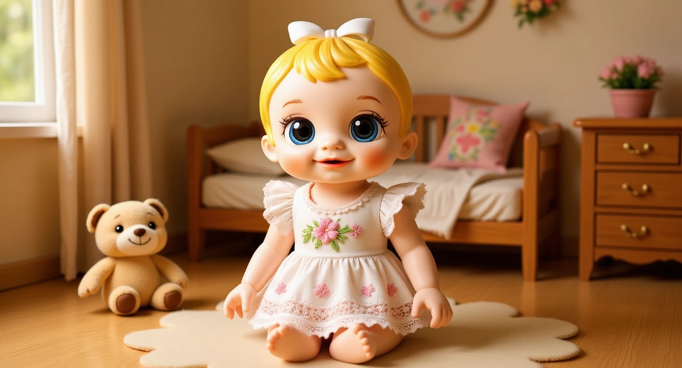 1 month old blonde baby , cor parda , vestindo vestido, olhos castanhos, estilo mundo pixar 3D 4k