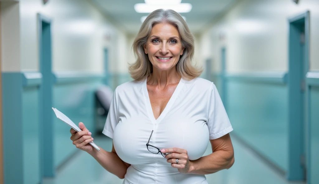 Beautiful Polish woman, voluptuous, 20 years old, pharmacist, straight blonde hair, medium long haircut, (white uniform), (pharmacist uniform), curvy body, (big breasts), cleavage, delicate glasses, ((masterpiece)), (extra high detail), standing behind the counter in drugstore, daylight 