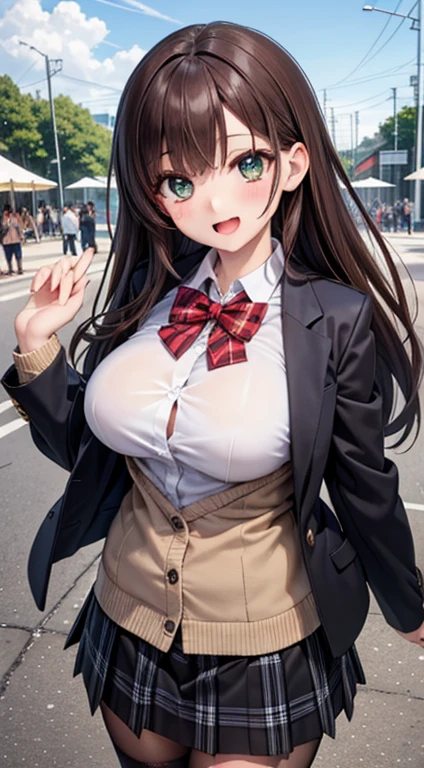 1 person woman、high-level image quality、8K、masterpiece、Makise Korisu(Steinsgate)Full body like、being thin。Height 165cm、very long red-brown hairstyle、cuticle、Fishing eyes、Cobalt blue eyes、Round eyes、tthin eyebrows、Raised eyebrows、Tsundere、irate、bashfulness、Fluffy smile、White Y-shirt、Red tie、Wear a lab coat over a Y-shirt、Dabo dowel lab coat、Fluttering a lab coat、small tits、Small udder、Ungrown udder、Phetcha Pai、Nipples lift up、Black shorts、White belt、Gold Buckle Belt、full of sweat、Ecstatic smile、Wearing black stockings、Her legs are wrapped in black stockings.、I can't see my skin、The legs are black stockings、akihabara、outside of house、Pedestrian mall、Brown boots、cute little、age19、walk、time machine