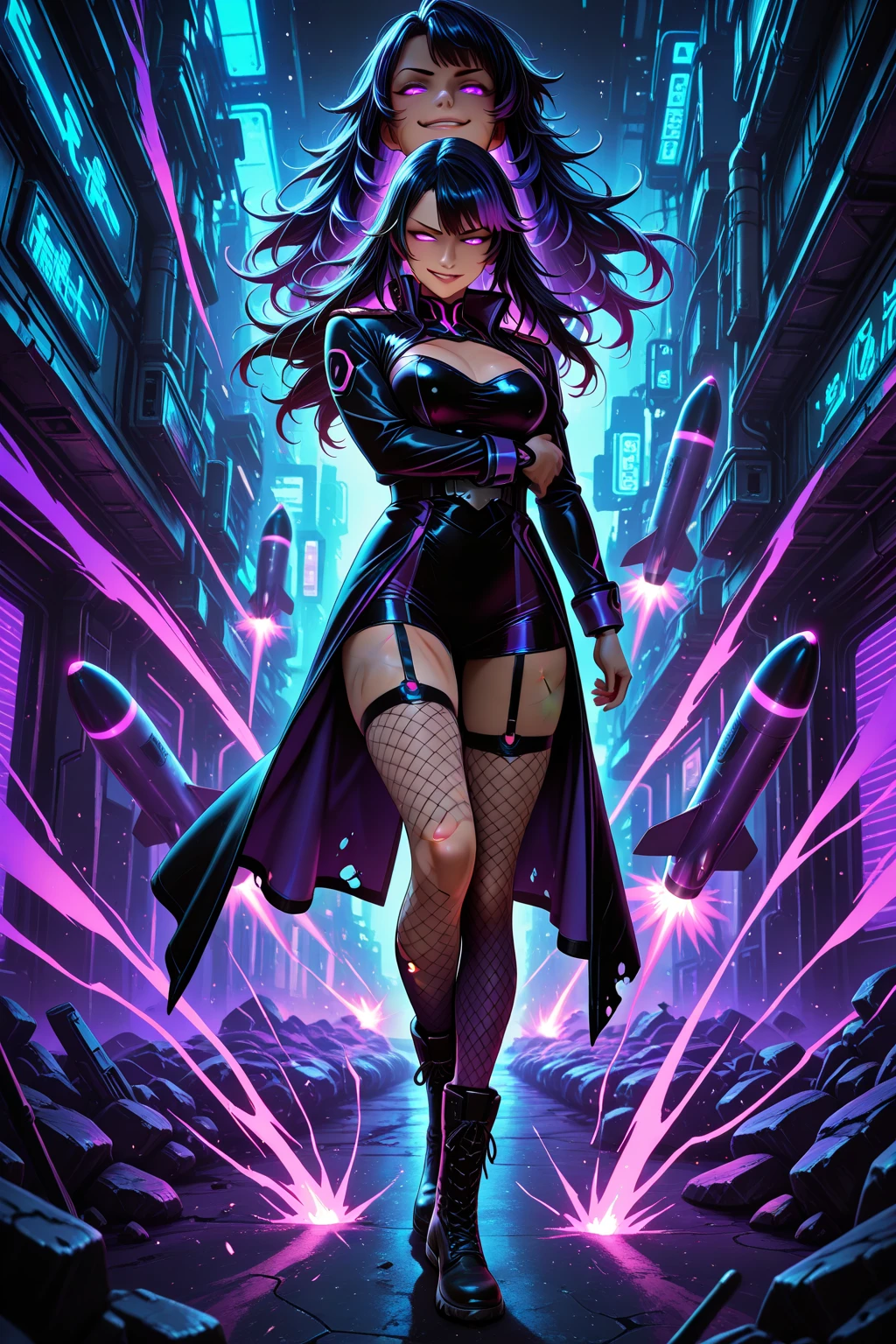 GOTHIC Female electricity DOMINATRIX VELMA, full body, ENORMOUS BREAST, blue purple plasma tones, SUSPENDERS AND STOCKINGS Front view,WIDE HIPS, attack posture, fierce look. blasting electricty jolts from her hands to the clouds , hovering disco ball glittering moody studio 54 ,speed of light warp blur, dystopian soho alley way , vogue photography by mario testino and BANG BROS --auto --s2