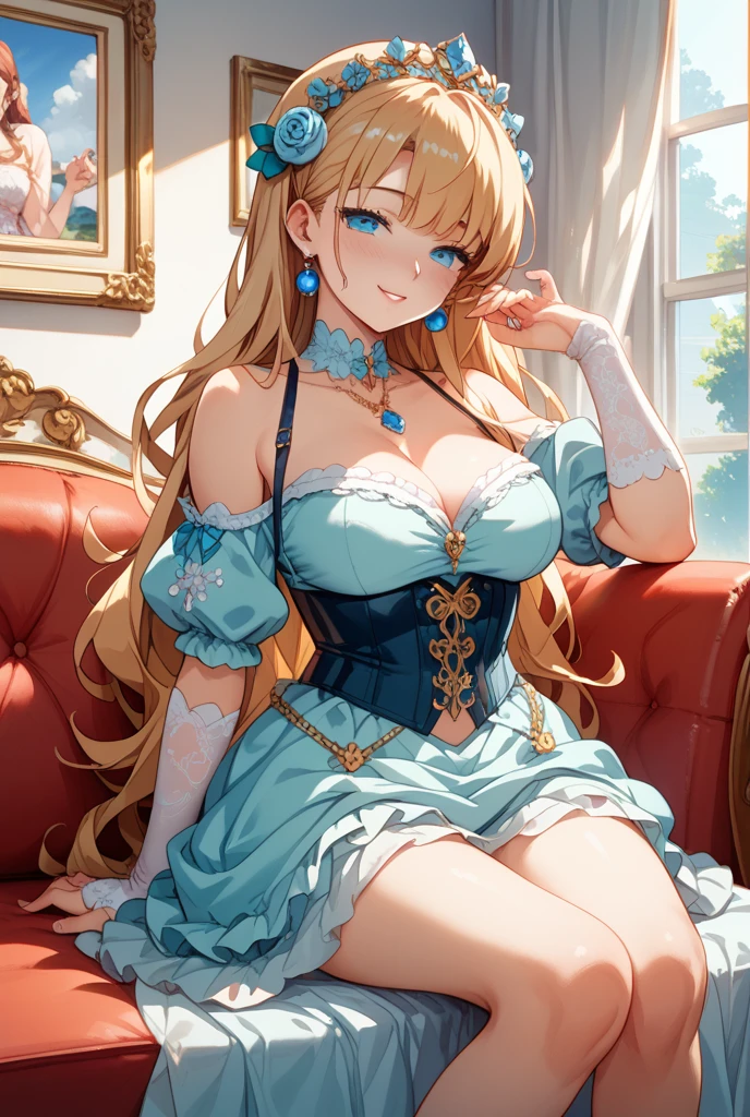 A beutiful realistic scene of a haughty lady in a blue old fashioned dress; lady perfect eyes, lady perfect face, lady perfect hands; the background is large and vintage, a ancient house with a golden piano and a lot of flowers; masterpiece; ultra hd, 4k