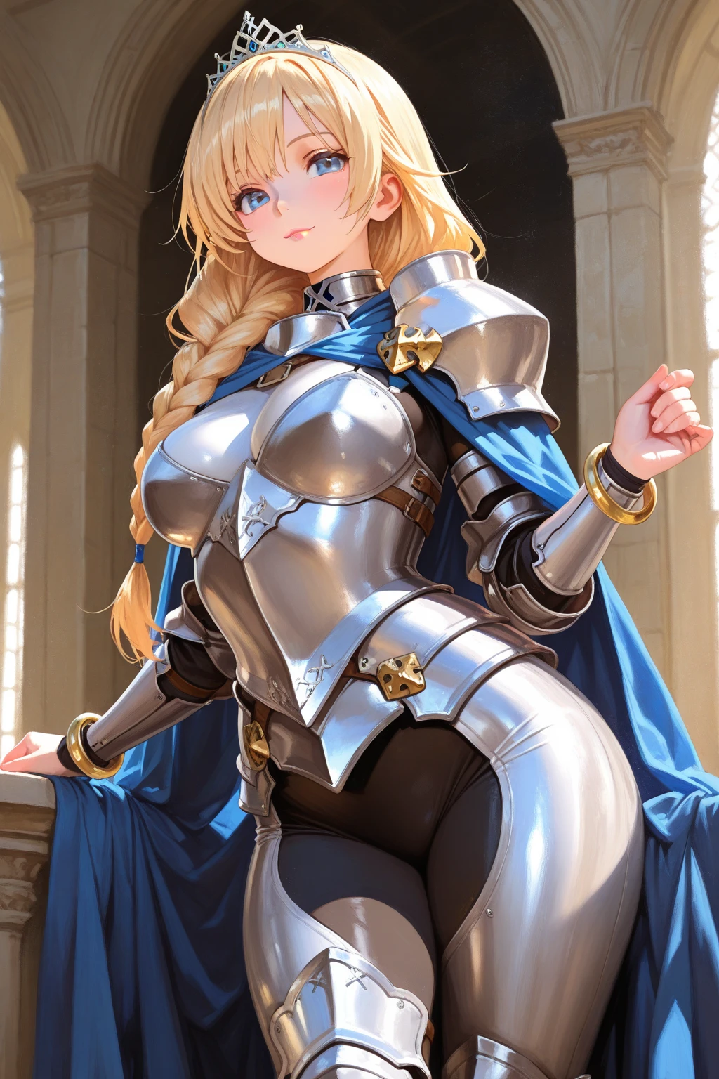 (masterpiece, best quality:1.2), expressive eyes, perfect face, highres, 1girl, solo, artoriaLancer, braid, crown, turtleneck, cleavage cutout, sleeveless, blue leotard, elbow gloves, blue thighhighs, fur trim, red cape, gauntlets, arrogant, inside a castle, standing, upper body portrait, looking at the viewer