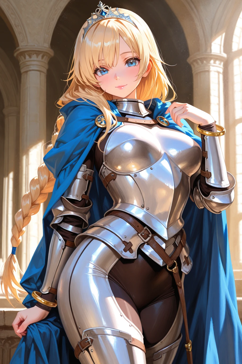 (8k, raw photo, Best Quality, maestro:1.2), (anime-anime photo:1.37), ultra detailed, 1 girl, beautiful, alone, Beautiful detailed blue sky with fluffy clouds, (blush), (whole body: 1.1), (smile: 1.1), (shut up), big breasts, Beautiful and delicate eyes, (Blue armor with intricate engravings of leaves and flowers, has a gorget, shoulder pads, gorjal, peto, backrest, codales, bracers, gauntlets, hidden, Don Quixotes, kneepads, greaves and scarp : 1.1), Golden metal pieces covering her shoulders and arms, Dark brown leather belt with metal buckles, tight leather pants, Brown leather boots, A cross adorns his chest, (long blonde hair: 1.2), flowing hair, high contrast, Proporciones de whole body, (astride, stretch the legs, thin legs), Chest closeup, full color.