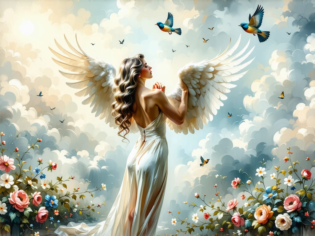 Angles from the air、Flying Angel、Whole body、8K、realphoto、超A high resolution, Master Parts, Best Quality, nffsw , cinematic images,Lovely girl、ann、1６years old、Anglo-Saxon、Green eyes、二重まぶた、very droopy eyes、（very, Very big eyes：1.８）、Dark eye shadow、The lips are very thin、The tip of the nose stretches beautifully.、the tip of the nose is small,,,,, ighly detailed , Dark gold hair、Straight hair、Very Smile、 Sweet look 、a very beautiful woman、legs are long、 Very clear shadows , jewely , A detailed eye, very intricate, shiny skins , Perfect Brilliant, Perfect Lighting, Dramatic shadows ,White tiara on head、Greek see-through white dress、The back of the dress is wide open、Small angel wings on the back of the shoulders、The chest and waist of the dress are white lace、Underneath the dress is a white miniskirt、Lace white gloves、holding a bouquet of white flowers with both hands、White see-through veil from the back of the head、Silver necklace around the neck、