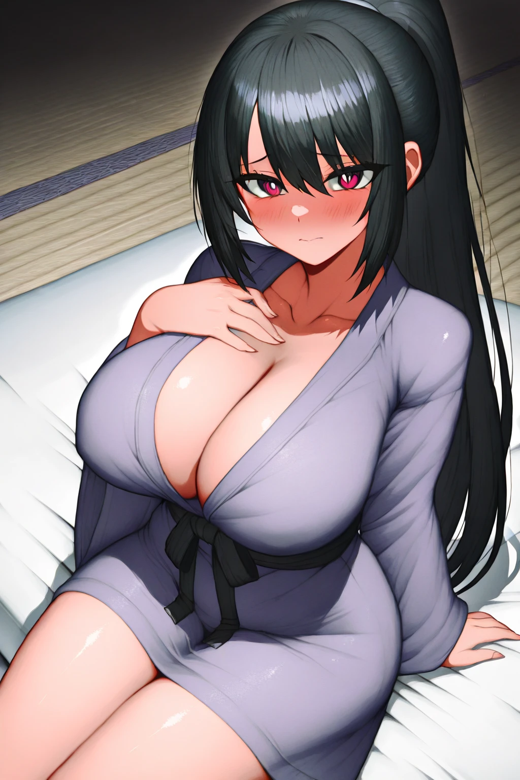 Cute mommy, mature women, realistic skin,perfect ,black hair, long hair, (hair over one eye:1.4), messy hair, hair between eyes, pajama, chubby,plump,fat,dense pubic hair, extreme pubic hair, Sexy lips, pucker lips,cute shy blush on