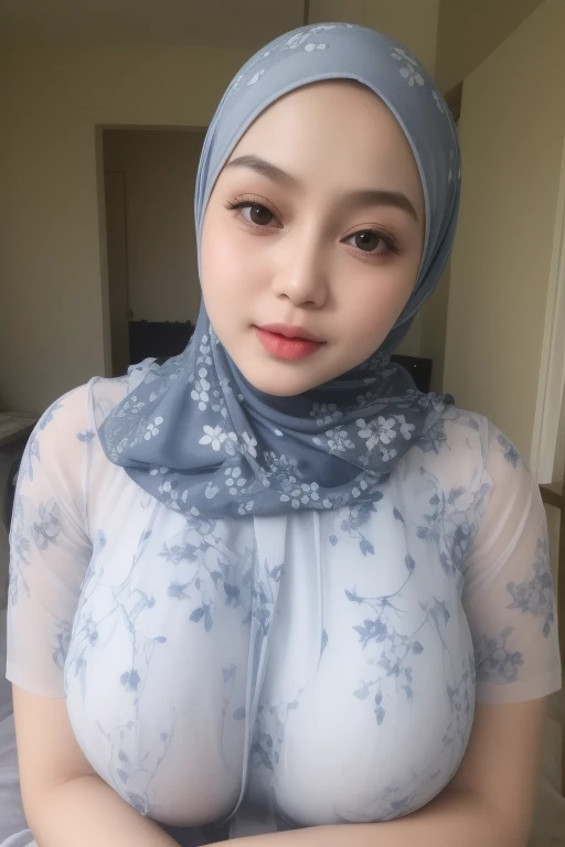 adorable, 1 girl, (face to face), 10 years old, baby face, happy, half body portrait, (face details: 1), (eye details: 1), ((big breasts)). wearing light blue long shirt, hijab, .. Cute posed. proportional body. Ultra High Res. realistic: 1.4, UHD