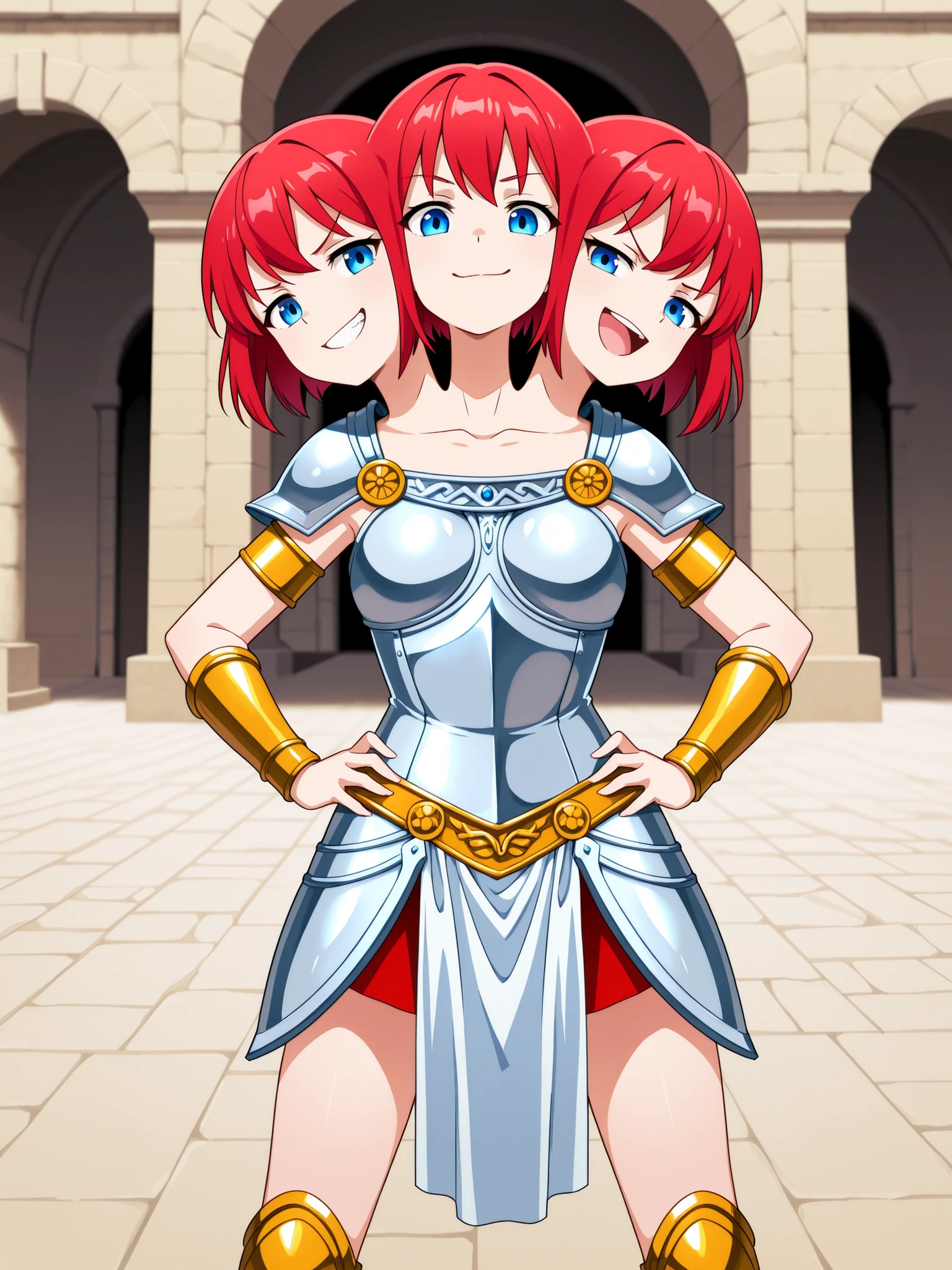 conjoined, anime girl with three heads, gladiator, red hair, short hair, blue eyes, middle head has closed mouth, right head has open mouth, left head is smiling with teeth visible, smug, confident, light gladiator armor, hands on hips, arena entrance, outside the arena