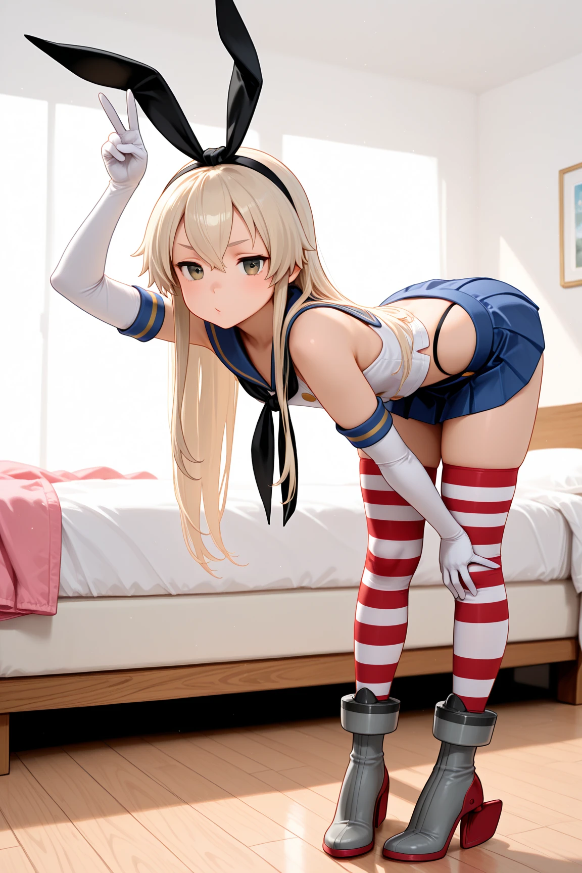 He was wearing clothes emblazoned with the American flag,The legs are wrapped in stockings with the American flag pattern,Clownpiece,cabelos preto e longos,1girll,squatting on the ground,Fold your hands on your knees