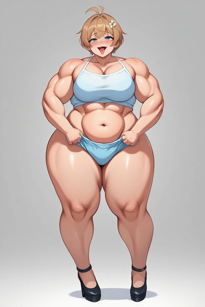 Amazon Woman, slim buT muscular body, huge breasTs, long legs, blue hair, ponyTail hairsTyle, red eyes, i Don'T'Don'T have shoes, combaT uniform, 8K, hd, masTerpiece, full body, whiTe background, full body shoT, maTure woman, maTure woman, generous waisT circumference, big ass, plus size model,