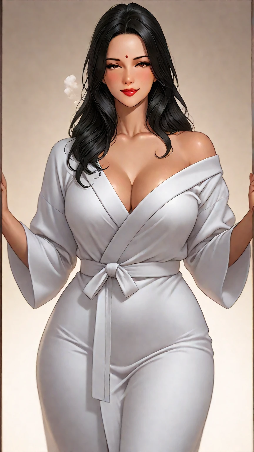 (top quality、masterpiece、very high resolution、Ultra high quality、High quality pixels)、perfect eyes, perfect face, alone,8k, large breasts, solo, one woman, (Detailed description of hair), (Detailed description of face),(detailed description of body), Fair and translucent skin, gorgeous, long legs, facing the audience, Professional photography lighting,Detailed grey eyeball, black hair, (single braid covering the chest: 1.5), handsome style, Cowboy shot, magazine illustration, fashion clothing, formal suit, suit pant, open collar shirt, confident ssmile, open shirt, cleavage, view from side