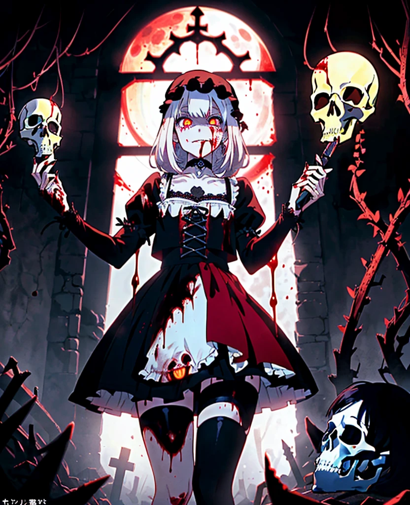 A little Elf girl with morbid pale skin, Dark-elf, Eerily glowing red eyes, Scared wrists, Bloody face, Bloody hands, Bloody black robe, Insanity smile, She is holding a blood-dripping dagger, Dark atmosphere, Insanity atmosphere, Cruel vengeance, She is taking pleasure to kill human