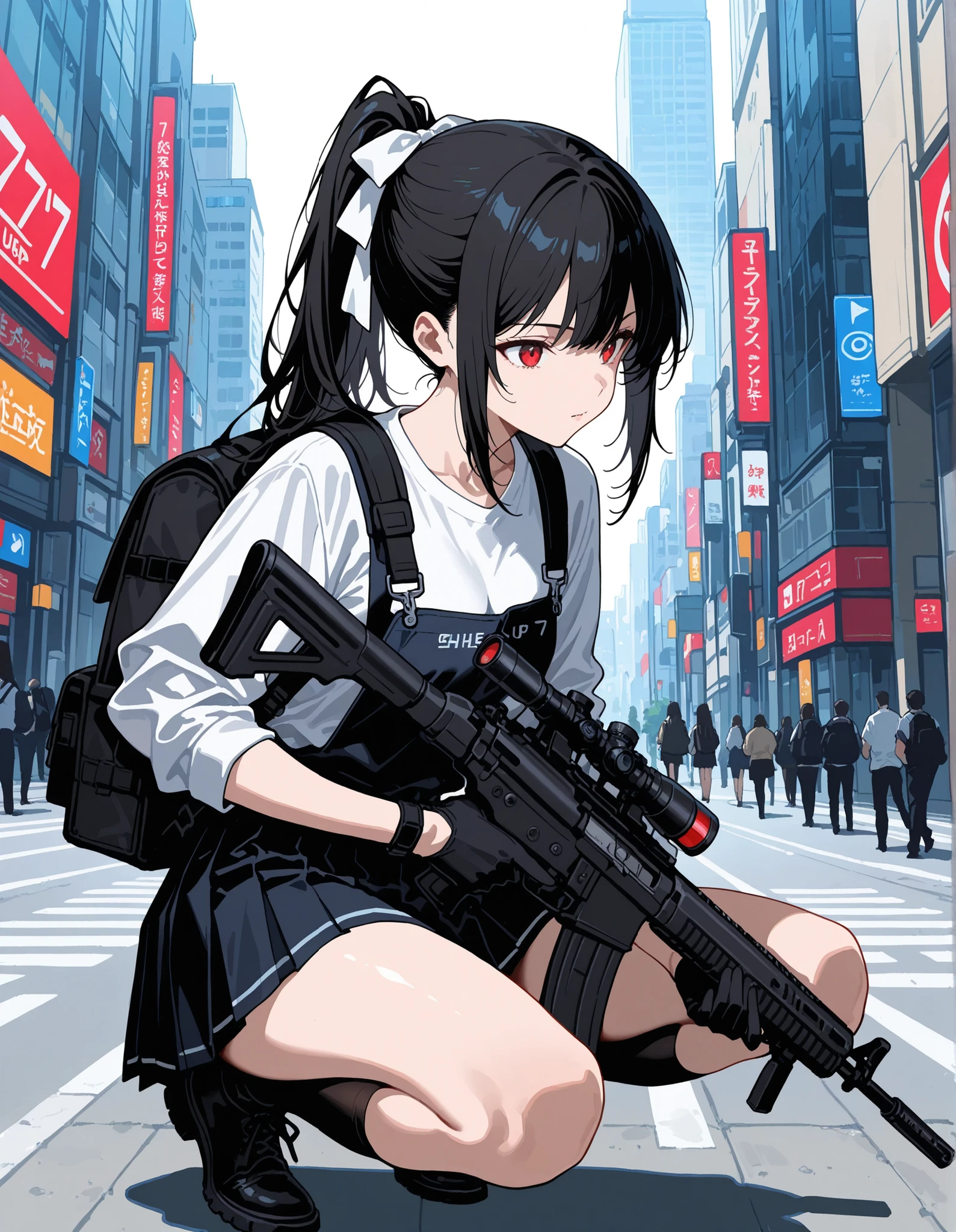 score_9,score_8_up,score_7_up, 1girl, 17 years old, beautiful woman, beautiful face
BREAK
A young woman is depicted in a dynamic urban setting, crouching on a bustling city street lined with tall buildings. Her attire combines casual and tactical elements: she wears a white shirt marked with red stains and a black pleated skirt, along with a sturdy black backpack. Her black leather gloves suggest a readiness for action. She confidently holds an assault rifle equipped with a scope, indicating precision and focus. Her jet black hair is styled in a ponytail adorned with a white ribbon, and her overall stance conveys alertness and determination. The vibrant city environment around her features various signs and traffic signals, alongside modern glass-fronted buildings. Daylight enhances the scene, highlighting the sheen on her skin and the structured curves of her garments, creating an intense and vivid atmosphere. Her striking red eyes add to the impact of the image.,