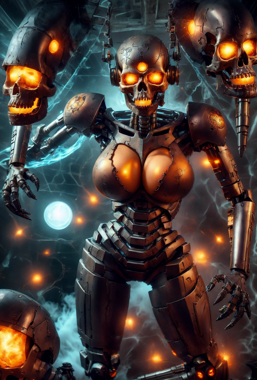 best quality, high_resolution, ulzzang,cute,mecha musume, zombie,cowboy shot, nsfw, sagging breasts:1.5, huge breasts,mechanical arms:0.3, guro,post-apocalypse, skull,guro