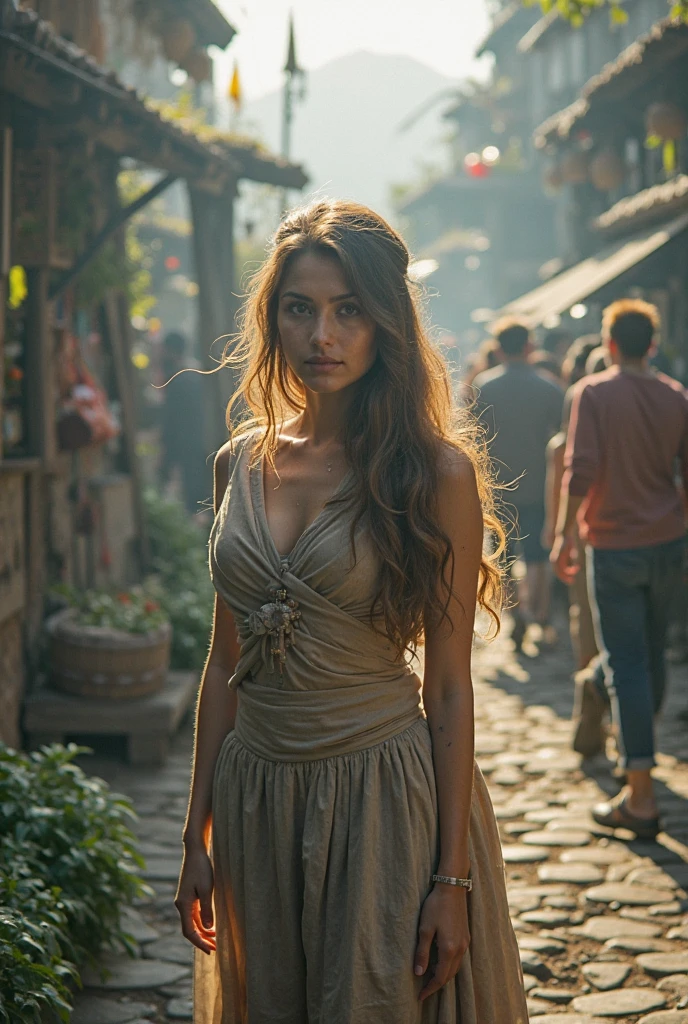 old mature slim mother, slums, poor, hypnotized, cleavage, medieval era, clothed, ginger, medieval dress, very long hair, sunset,