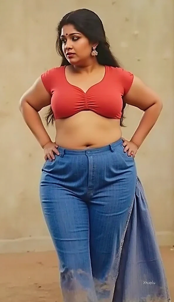 score_9, score_8_up, source_realistic, 1980s style, photo of a  fully clothed desimocha woman,25yo, overweight, beautiful looking, nose ornament Cinnamon, shorts,Squinted eyes in skepticism, dynamic pose,contrasting plain background <lora:Desi_Tabela_v3_PDXL_LoRA_prodigy_local:0.7:1>