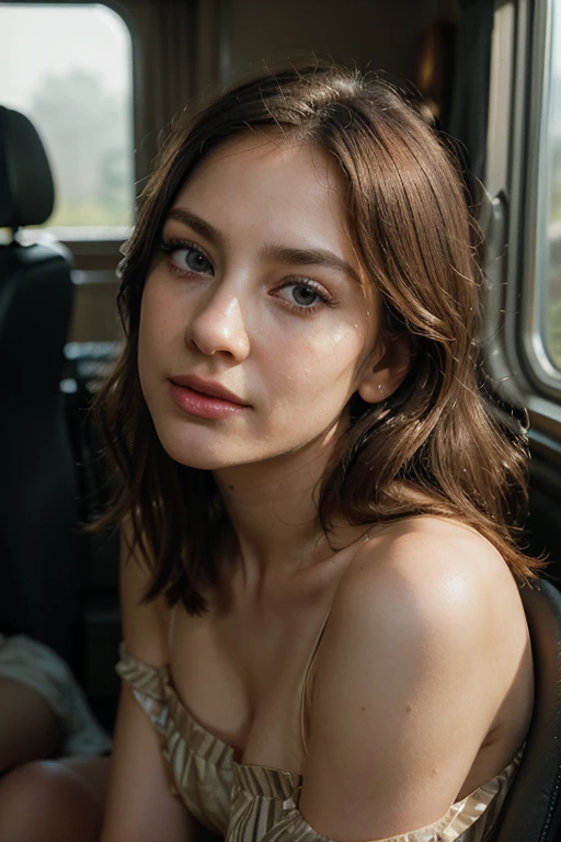 belle femme rousse in a car, taches de rousseur, maquillage sombre, Hyper detailed photography, Soft Light, head and shoulders portrait