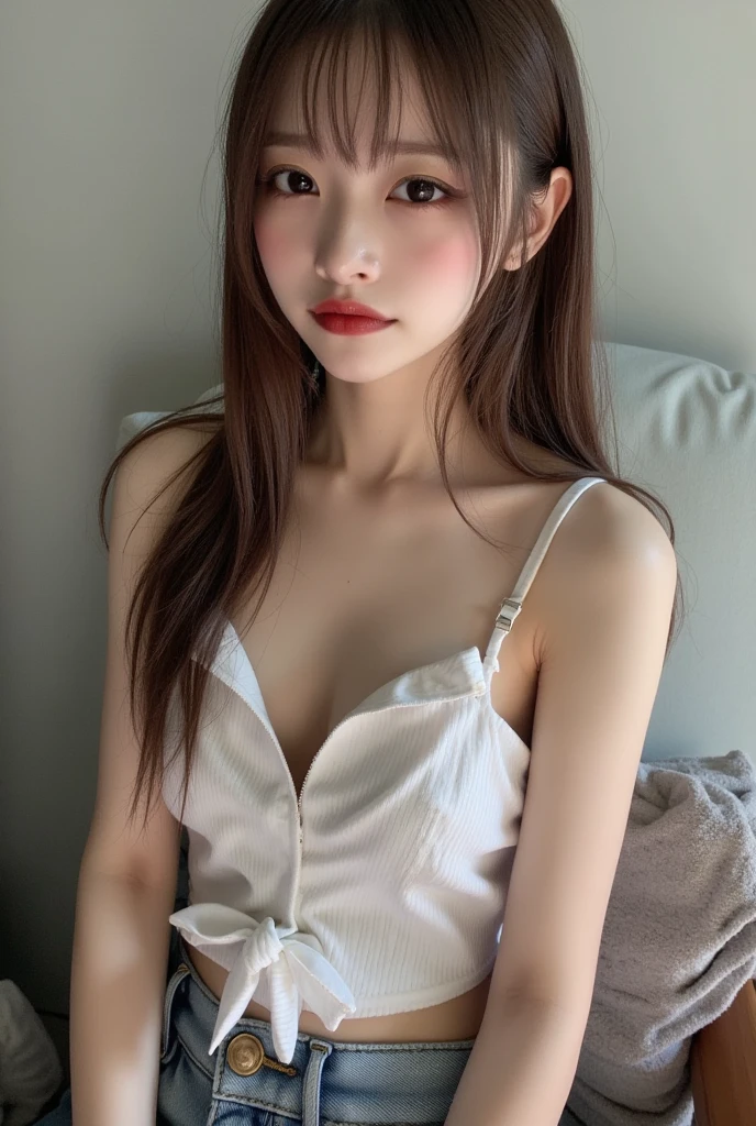 ((Top Quality, 8k, Masterpiece: 1.3)), Beauty, Hide Face, 1 Girl, Beautiful: 1.3, Slender Abs: 1.1, Camisole, Cleavage, Black Hair medium, (While Sitting on the Bed), Ultra Detailed Face, Highly Detailed Lips, Detailed Eyes, Double Eyelids