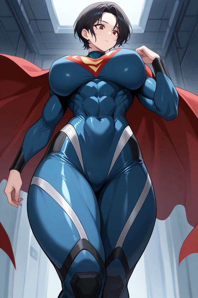 (Muscular:1.9), (thick thighs:1.9),
blonde female, (supergirl), (big smile:1.7), (blunt bangs), (ponytail:0.8),
earrings, lipstick, eyeshadow,
hard nipples, (small breasts:2),
(full body suit, blue bodysuit, cleavage:1.9), (small cape:1.3), (choker:1.2), (active pose:1.5),
looking at viewer, from above, (upper body view:2.1),
(skyline background), rim lighting, two tone lighting, dim lighting, bokeh, detailed skin, detailed eyes